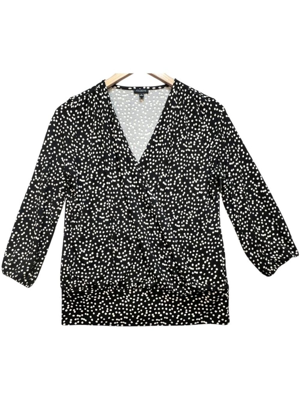 Talbots Women's Wrap V Neck Blouse Long Sleeve Size S Black White Polka Dot